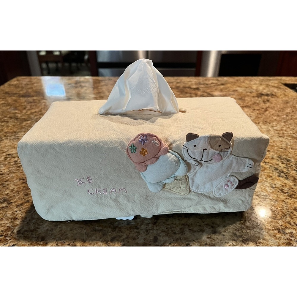 Handmade Tissue Box Cover - Kitty Cat And Ice Cream‎ Cones